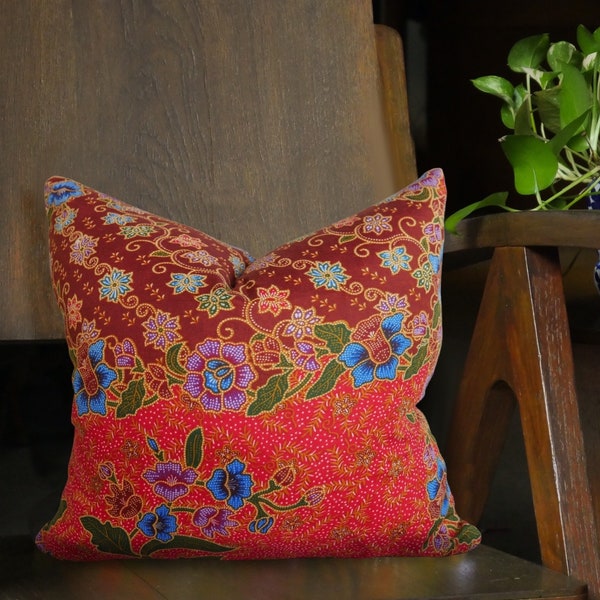 Red Batik Cushion, Double Sided 16"x16" Square Pillow Cover/ Case, Authentic Batik