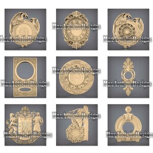 May include: A collection of intricately carved decorative panels, each with a unique design. The panels feature various shapes, including clocks, frames, and ornate embellishments. The color is a light beige, and the overall theme is classical.