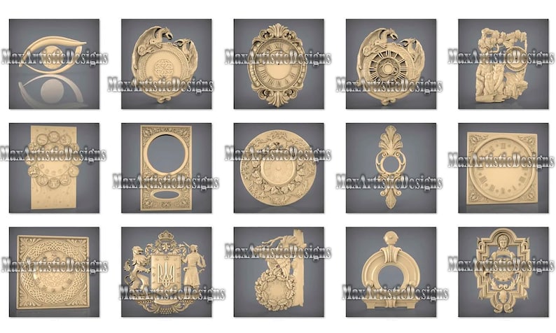 May include: A collection of intricately carved decorative panels, each with a unique design. The panels feature various shapes, including clocks, frames, and ornate embellishments. The color is a light beige, and the overall theme is classical.