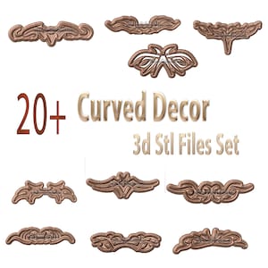 Op de afbeelding: Een set van 20+ 3D-printbare STL-bestanden voor gebogen decor. De bestanden bevatten een verscheidenheid aan sierlijke, symmetrische ontwerpen in een bruine kleur.