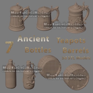 May include: Seven 3D printed STL models of ancient bottles, teapots, and barrels. The models are made of a light brown material and have a rustic, antique look.