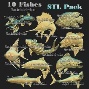 10 Fish 3D stl Models bas Relief for CNC Router 3D Printer machines digital download