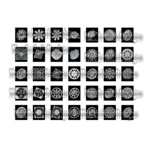 May include: A set of 36 black and white decorative metal ceiling medallions. The medallions are arranged in a grid pattern and feature various geometric designs.