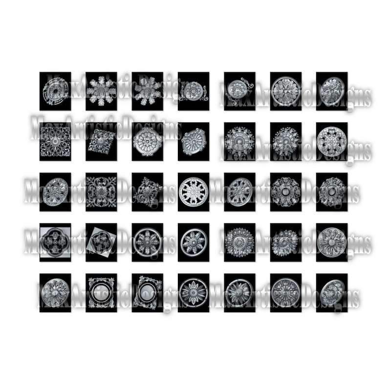May include: A set of 36 black and white decorative metal ceiling medallions. The medallions are arranged in a grid pattern and feature various geometric designs.