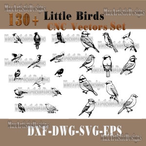 130+ pequenos pássaros cnc laser cortado vetores conjunto Dxf Svg Eps silhuetas de pássaros - Download digital