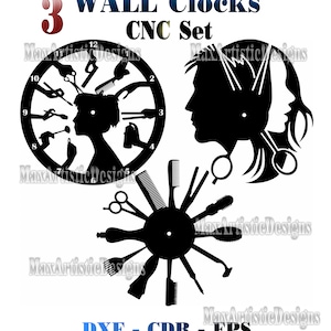 3 cnc vector clocks hair dressing barber clocks dxf cdr eps files format for cnc plasma, laser cut machine -Download