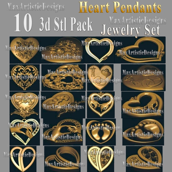 10 stl Jewelry Heart Pendant 3d model STL relief for CNC Router STL format Art digital download