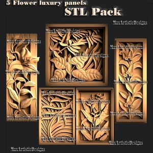 5 models flowers leaf in frame 3d STL Model for CNC Router plant decor designs - digital download