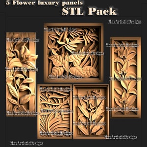 5 models flowers leaf in frame 3d STL Model for CNC Router 3D Printer plant decor designs digital download