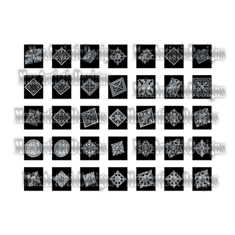May include: A set of 36 black and white digital clipart images of intricate, symmetrical designs. The designs are in a variety of styles, including floral, geometric, and abstract.