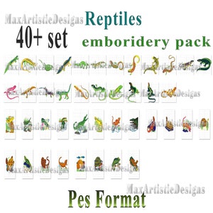 Op de afbeelding: Een set van 40+ borduurmotieven met verschillende reptielen, waaronder hagedissen, slangen en schildpadden. De motieven zijn in een rasterformaat en zijn gelabeld "Reptiles embroidery pack" en "Pes Format".