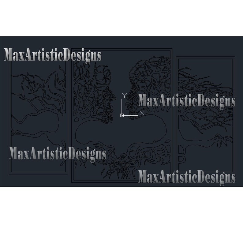 May include: A dark-coloured triptych artwork depicting two human profiles with detailed, branch-like designs. The profiles face each other. The text "MaxArtisticDesigns" is repeated across the image.