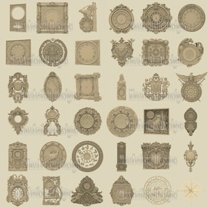 May include: A collection of 25 ornate clock face designs in various styles, including round, square, and rectangular. The designs feature intricate details, such as floral motifs, animal figures, and Roman numerals.
