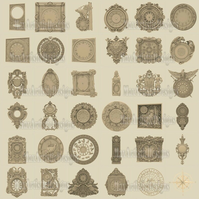 May include: A collection of 25 ornate clock face designs in various styles, including round, square, and rectangular. The designs feature intricate details, such as floral motifs, animal figures, and Roman numerals.
