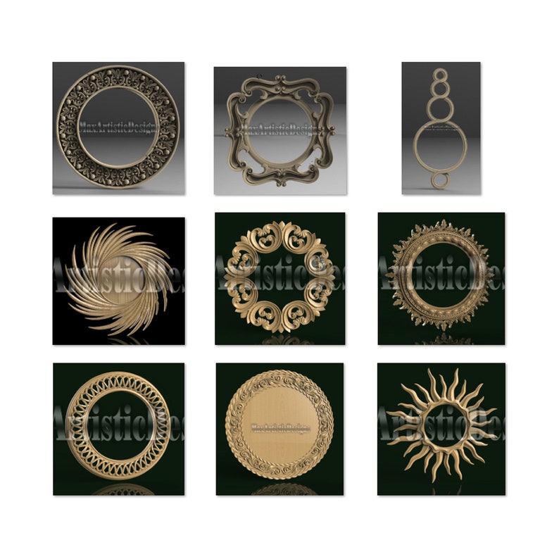 Puede incluir: Nueve marcos circulares de madera ornamentados, decorativos, con dise&ntilde;os intrincados. Los marcos son todos de color dorado y tienen una variedad de patrones, incluidos dise&ntilde;os florales, geom&eacute;tricos y de rayos de sol.