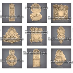 May include: A collection of intricately carved clock designs, each with unique frames and details. The clocks feature Roman numerals and decorative elements, showcasing various styles, including cherubs, sunbursts, and architectural motifs. The clocks are rendered in a warm, neutral tone.