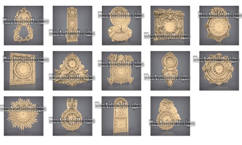 May include: A collection of intricately carved clock designs, each with unique frames and details. The clocks feature Roman numerals and decorative elements, showcasing various styles, including cherubs, sunbursts, and architectural motifs. The clocks are rendered in a warm, neutral tone.