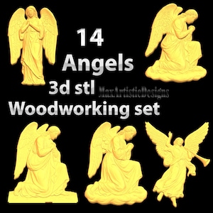 Puede incluir: Una colección de 14 figuras de ángeles dorados en varias poses, incluyendo de pie, arrodillados y tocando una trompeta. La imagen incluye el texto "14 Angels 3d stl Woodworking set" sobre un fondo negro.