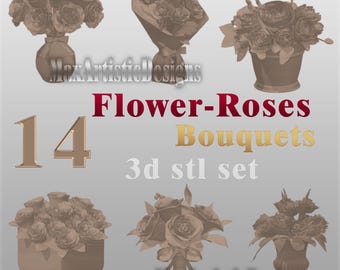 Conjunto de 14 designs 3D de buquês de rosas em formato STL para impressoras 3D - Decoração de luxo - Baixar