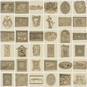 May include: A collection of 36 intricately carved wooden wall decor pieces. The designs include animals, plants, and abstract patterns. The carvings are in a light brown color and have a rustic, antique look.
