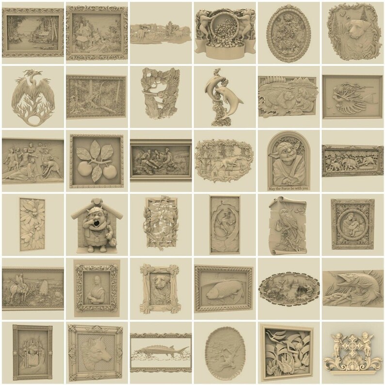 May include: A collection of 36 intricately carved wooden wall decor pieces. The designs include animals, plants, and abstract patterns. The carvings are in a light brown color and have a rustic, antique look.