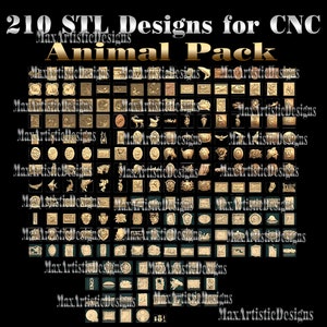 May include: A collection of 210 STL designs for CNC animal carvings. The designs are displayed in a grid format, with each design shown in a gold color against a black background. The text "210 STL Designs for CNC Animal Pack" is displayed at the top of the image.