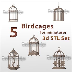 May include: Five 3D printable birdcage designs for miniatures. The STL files are perfect for creating detailed miniature birdcages for dollhouses, model railways, or other miniature projects.