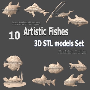 10 artistic fishes 3d stl models for bas relief cnc router 3d printer machines - Download