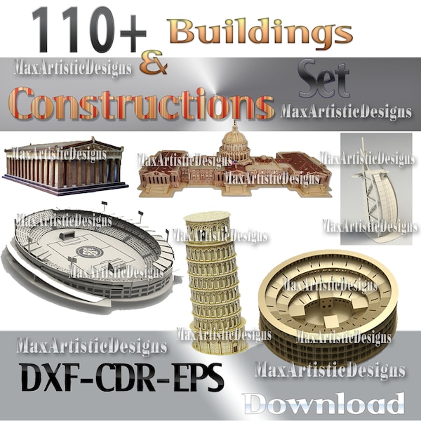 110+ laser cut buildings and constructions pack vector dxf cdr cnc 3d files pantograph cnc router -Download