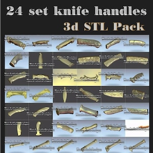 May include: A set of 24 3D printable knife handle designs. The handles are in a variety of styles, including ornate, simple, and modern. The designs are perfect for creating custom knives.