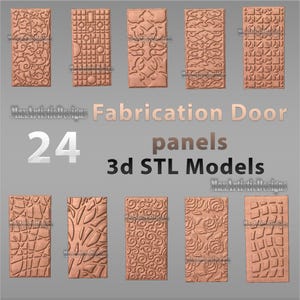 Può includere: 24 modelli 3D STL di pannelli per porte di fabbricazione. I modelli presentano una varietà di disegni intricati, tra cui motivi geometrici, motivi floreali e forme astratte. I pannelli sono resi in un colore caldo, simile al rame.