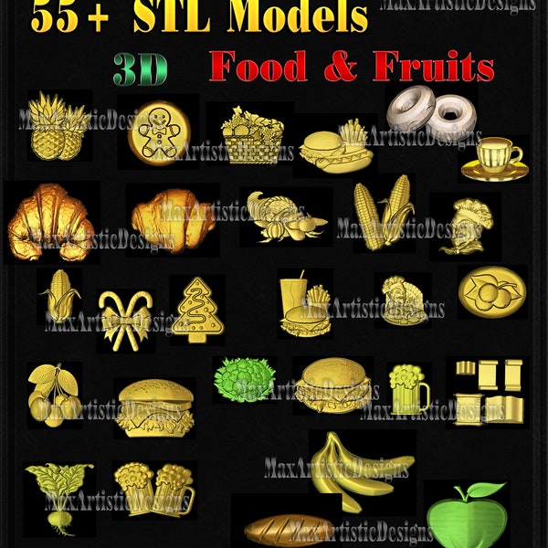 3d stl food vegetables fruits 50+ pcs stl relief 3d model relief for cnc in stl file -Download