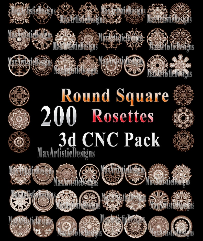 200 3D STL Round  square rosettes for CNC 34 AXLE Engraver Carving models - digital download