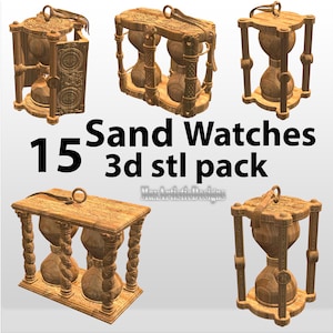 May include: A collection of intricately carved wooden hourglasses. The image displays various designs, including single and double hourglasses, with detailed frames and decorative elements. Text reads "15 Sand Watches 3d stl pack".
