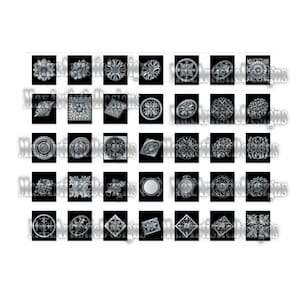 May include: A collection of 36 black and white decorative ceiling medallions. The medallions are in various shapes and sizes, including round, square, and rectangular. They are all intricately designed with floral and geometric patterns.