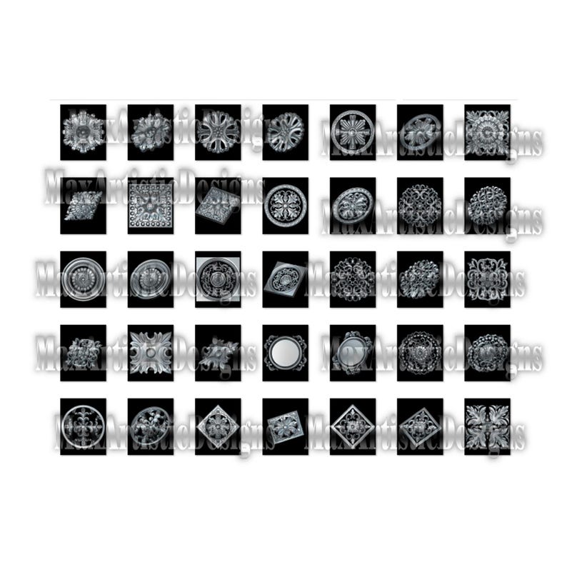 May include: A collection of 36 black and white decorative ceiling medallions. The medallions are in various shapes and sizes, including round, square, and rectangular. They are all intricately designed with floral and geometric patterns.
