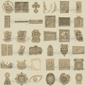 May include: A collection of 3D carved wooden designs, including a cross, a swan, a unicorn, a clock, a fish, a ship, a mermaid, a house, and a variety of other decorative elements. The designs are all in a light brown color and have a detailed, intricate style.