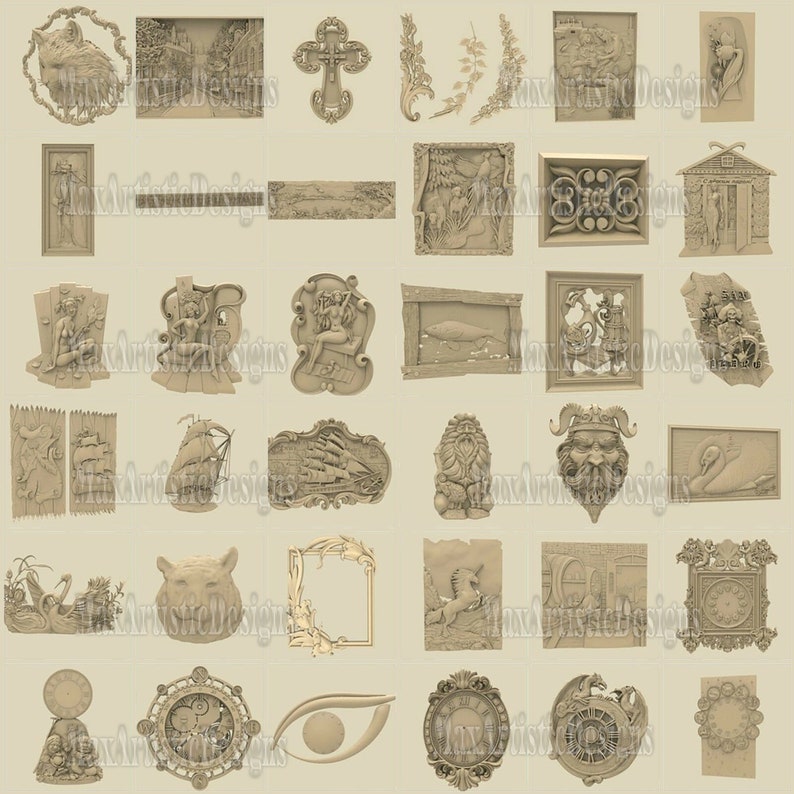 May include: A collection of 3D carved wooden designs, including a cross, a swan, a unicorn, a clock, a fish, a ship, a mermaid, a house, and a variety of other decorative elements. The designs are all in a light brown color and have a detailed, intricate style.