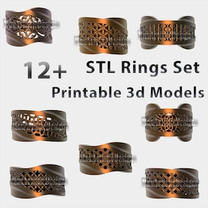 May include: A set of 12+ printable 3D models of rings. The rings are made of a brown metal and have intricate geometric designs. The text "STL Rings Set Printable 3d Models" is displayed in the center of the image.