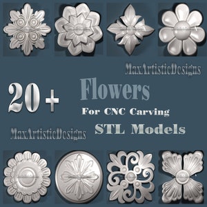 20+ flower designs in 3 stl format for cnc carving bas relief - Digital Download