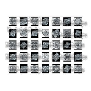 May include: A set of 36 black and white digital clipart images featuring various ornate designs. The designs are intricate and detailed, with a variety of shapes and patterns. The images are perfect for use in scrapbooking, card making, and other craft projects.