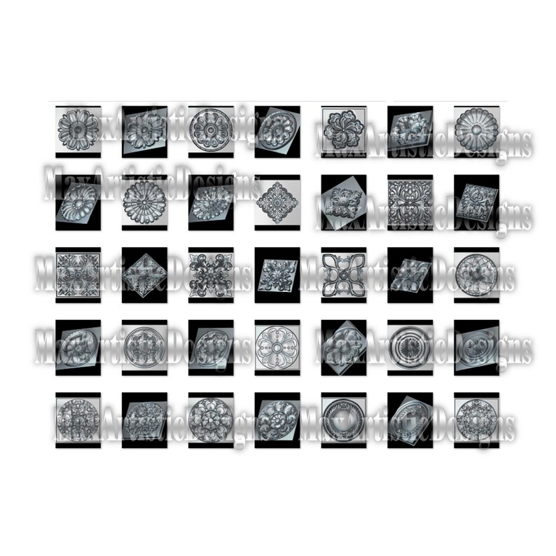 May include: A set of 36 black and white digital clipart images featuring various ornate designs. The designs are intricate and detailed, with a variety of shapes and patterns. The images are perfect for use in scrapbooking, card making, and other craft projects.