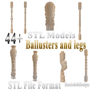 Puede incluir: Una colección de modelos STL de color claro de balaustres y patas. La imagen muestra varios diseños, incluyendo estilos estriados, retorcidos y tallados. El texto en la imagen dice "44+ STL Models Ballusters and legs" y "STL File Format".