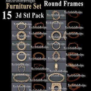 Op de afbeelding: Een set van 15 3D-printbare ronde frames in STL-formaat. De frames zijn versierd en hebben ingewikkelde details. De frames zijn beschikbaar om te downloaden als een digitaal product.