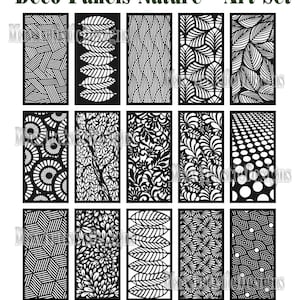 Pode incluir: Um conjunto de 12 painéis decorativos em preto e branco com designs inspirados na natureza. Os painéis apresentam padrões geométricos, folhas, flores e círculos. O texto "Deco Panels Nature - Art Set" e "DXF - CDR - JPG" está na parte superior e inferior da imagem.