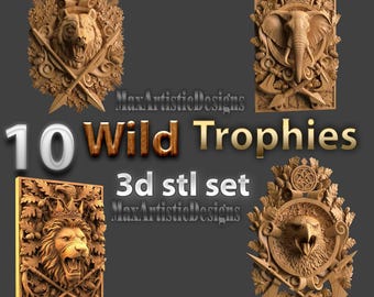 10 trofei di animali selvatici file stl bas realief per macchine router CNC - Download digitale