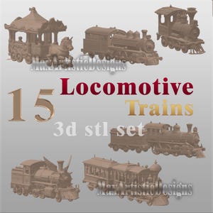 Op de afbeelding: Een verzameling van 15 locomotief treinmodellen in een 3D STL set. De treinen hebben verschillende ontwerpen, waaronder een carrousel-achtige trein met een eenhoorn en klassieke stoomlocomotiefstijlen. De modellen zijn lichtbruin.