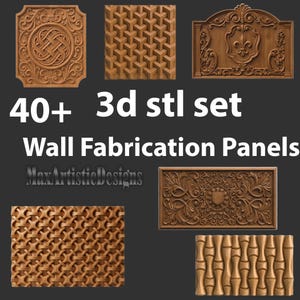 Könnte beinhalten: Eine Sammlung aufwendig geschnitzter Wandpaneele aus Holz. Die Paneele weisen verschiedene Designs auf, darunter geometrische Muster, florale Motive und ein Fleur-de-Lis-Wappen. Der Text lautet "40+ 3d stl set Wall Fabrication Panels" und "MaxArtisticDesigns".