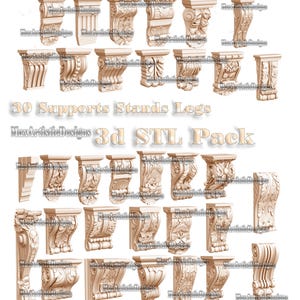 May include: A set of 30 3D printable STL files for supports, stands, and legs. The files are designed in a classic style with intricate details and are perfect for adding a touch of elegance to any project.