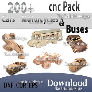May include: A collection of 200+ CNC cut designs for cars, motorcycles, and buses. The designs are in DXF, CDR, and EPS formats. MaxArtisticDesigns.